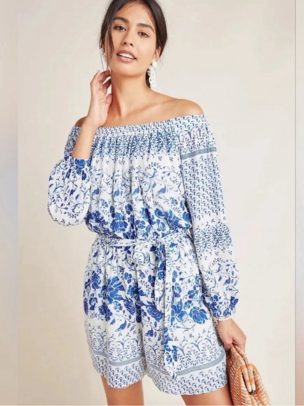 Anthropologie Blue and White Off the Shoulder Romper